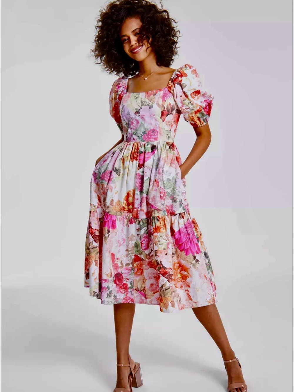 Vince Camuto Floral Puff Sleeve Midi Dress 10 New